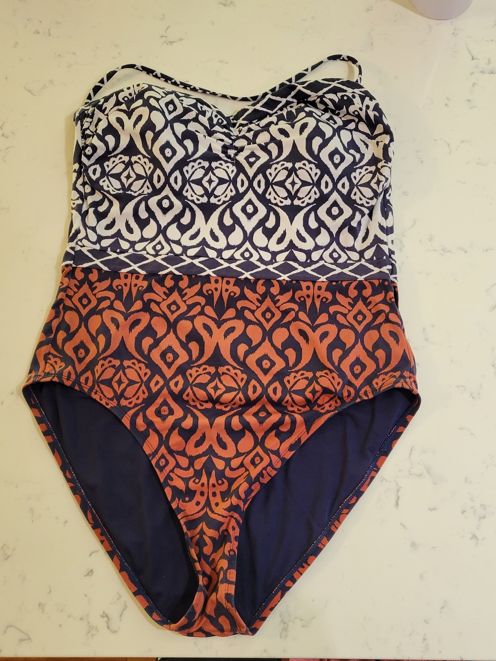 Tommy Bahama Navy White Rust Ikat Printed Halter Strapless One-Piece Swimsuit